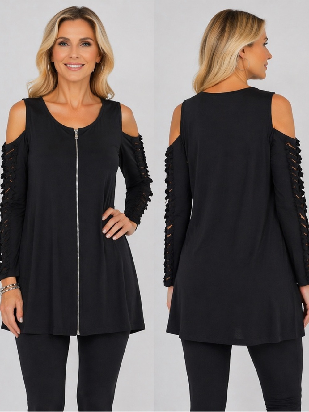 Pinc Black Cold Shoulder Zip Front Tunic Top Ruffle Ladder Sleeve Top M